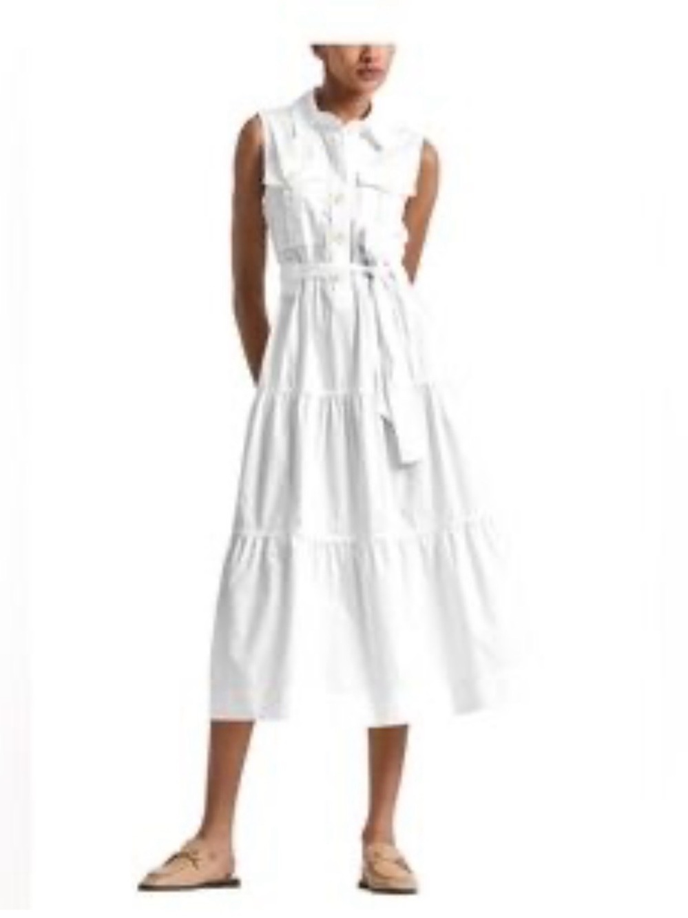 DEREK LAM 10 CROSBY Florence Sleeveless White Tiered Shirt Dress with Belt NWT